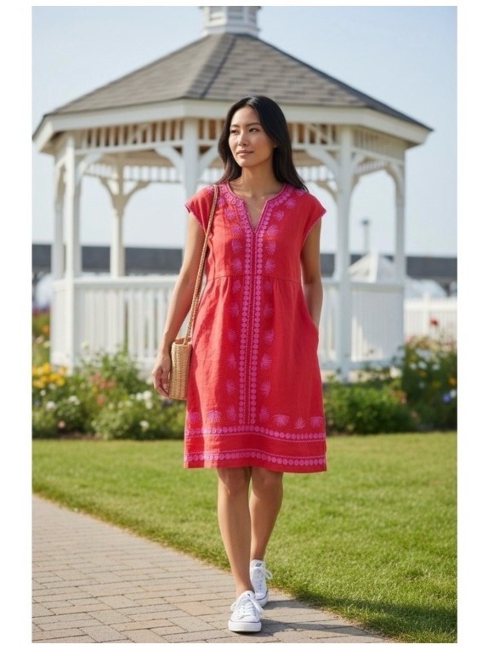 BODEN BEA LINEN EMBROIDERED RED ORANGE PINK SPLIT NECK BOHO PREP POCKET DRESS